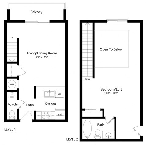 Floor plan for 1 bed, 1.5 baths, 645 sqft